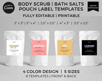 Editable Bath Salts Pouch Labels Template Canva, Printable Body Scrub Label Stickers, Foot Soak Bag Labels, Minimalist Skincare Packaging