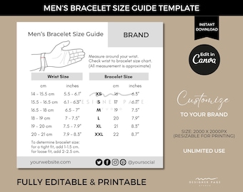 Men’s Bracelet Size Chart Template Editable, Printable Accessory Jewelry Length Guide Card, Custom Canva Template for Business Store Shop