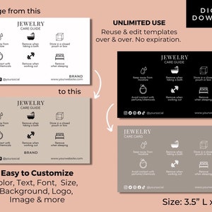 May include: A digital download template for a jewellery care guide card. The card is 8.9 cm wide by 5.1 cm tall and features a black and white design with instructions on how to care for jewellery. The card is customisable with colour, text, font, size, background, logo, and image.