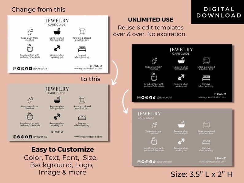 May include: A digital download template for a jewellery care guide card. The card is 8.9 cm wide by 5.1 cm tall and features a black and white design with instructions on how to care for jewellery. The card is customisable with colour, text, font, size, background, logo, and image.