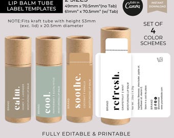 May include: Kraft lip balm tube label templates with four color schemes. The labels are designed for tubes with a height of 53mm and a diameter of 20.5mm. The labels come in two sizes: 49mm x 70.5mm and 61mm x 70.5mm.