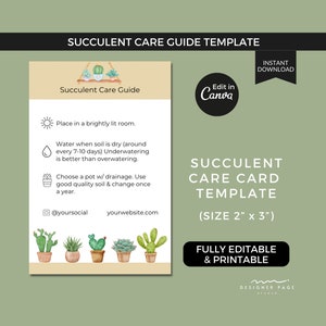 Editable Succulent Care Guide Template, Plant Care Cards Tag Printable labels, Canva Template for Business Card Social Media Shop Instagram