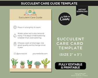 Editable Succulent Care Guide Template, Plant Care Cards Tag Printable labels, Canva Template for Business Card Social Media Shop Instagram