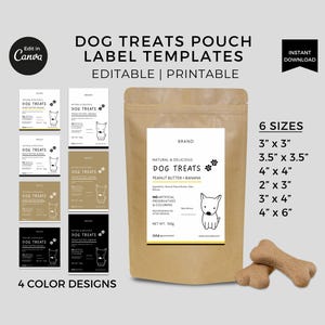 Modelo de rótulos editáveis para petiscos para cães Canva, adesivos para rótulos de alimentos para cães, rótulos para bolsas imprimíveis, rótulos minimalistas para embalagens de alimentos para animais de estimação, petiscos para animais de estimação