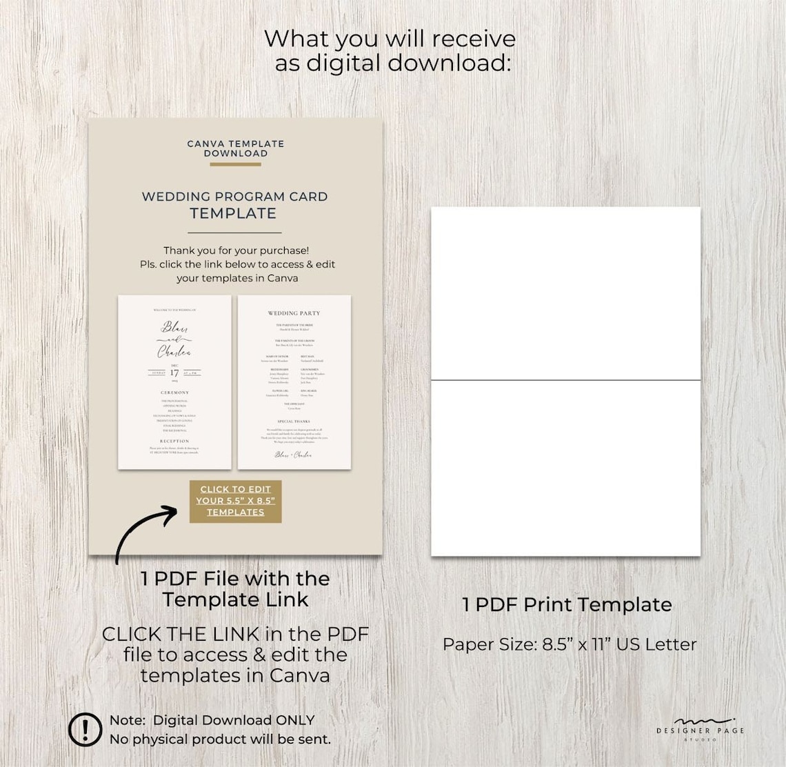 Editable Modern Wedding Program Card Template Canva Printable Wedding 