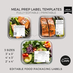 Modelo de rótulos editáveis para preparação de refeições Canva, adesivo para rótulos de refeições embaladas, rótulos minimalistas para embalagens de alimentos, rótulos para serviços de preparação de refeições com dieta saudável