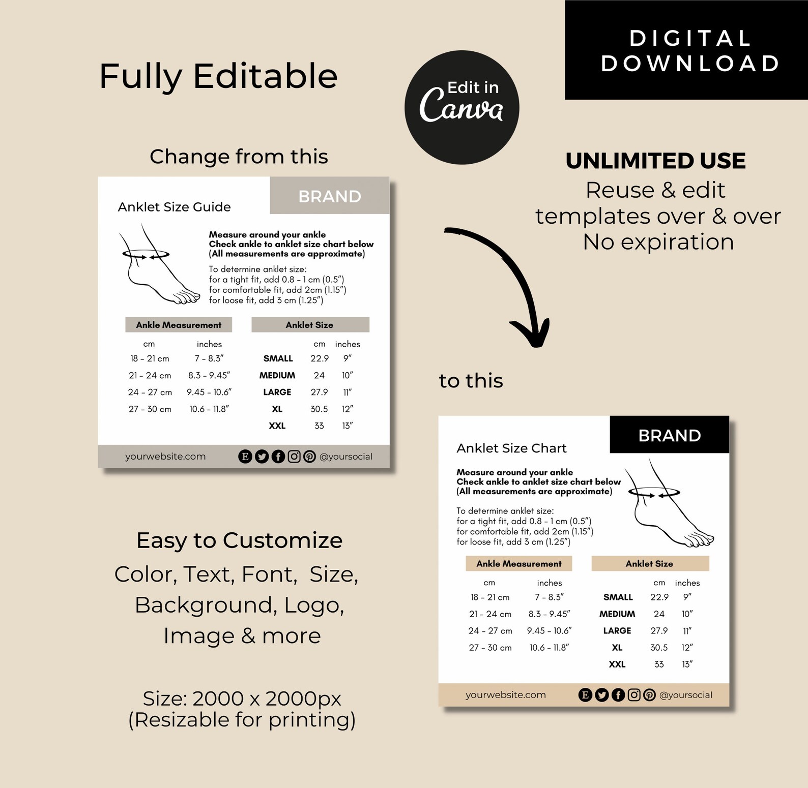 Editable Anklet Size Chart Template Canva, Printable Ankle Bracelet