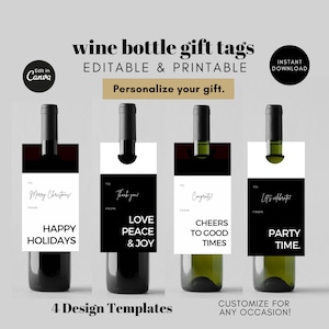 Modello modificabile per etichette regalo per bottiglie di vino su Canva, etichette stampabili per collo di bottiglie di spumante, etichette personalizzate per biglietti e bomboniere