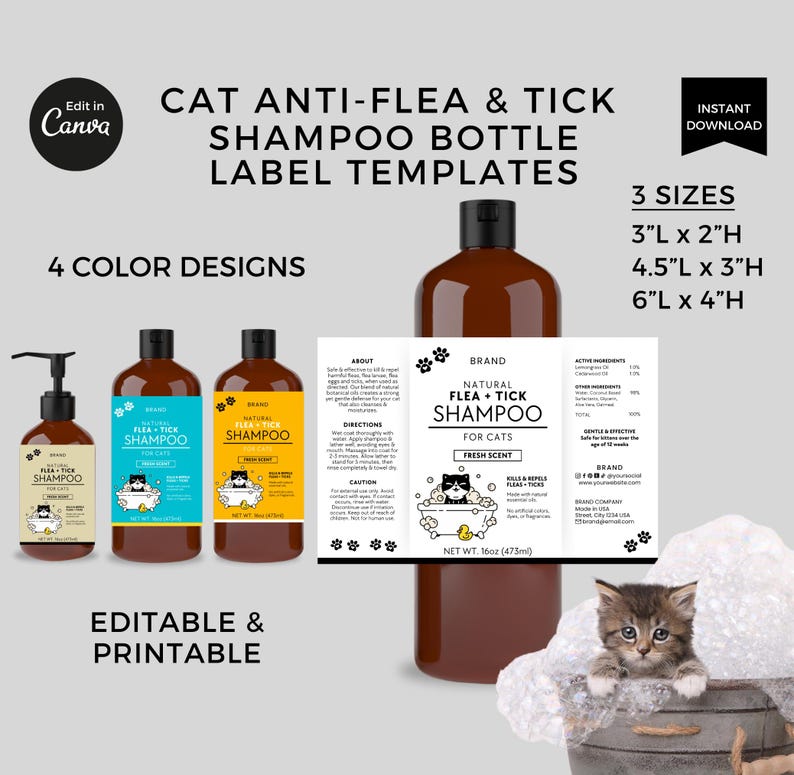 Cat Shampoo Bottle Labels Template Editable Canva, Anti Flea & Tick ...