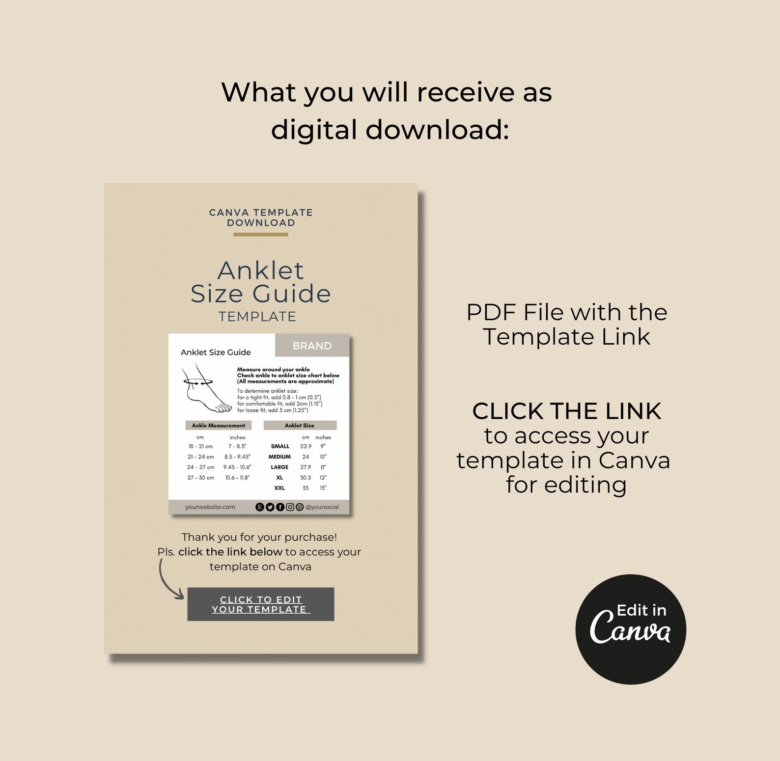 Editable Anklet Size Chart Template Canva, Printable Ankle Bracelet