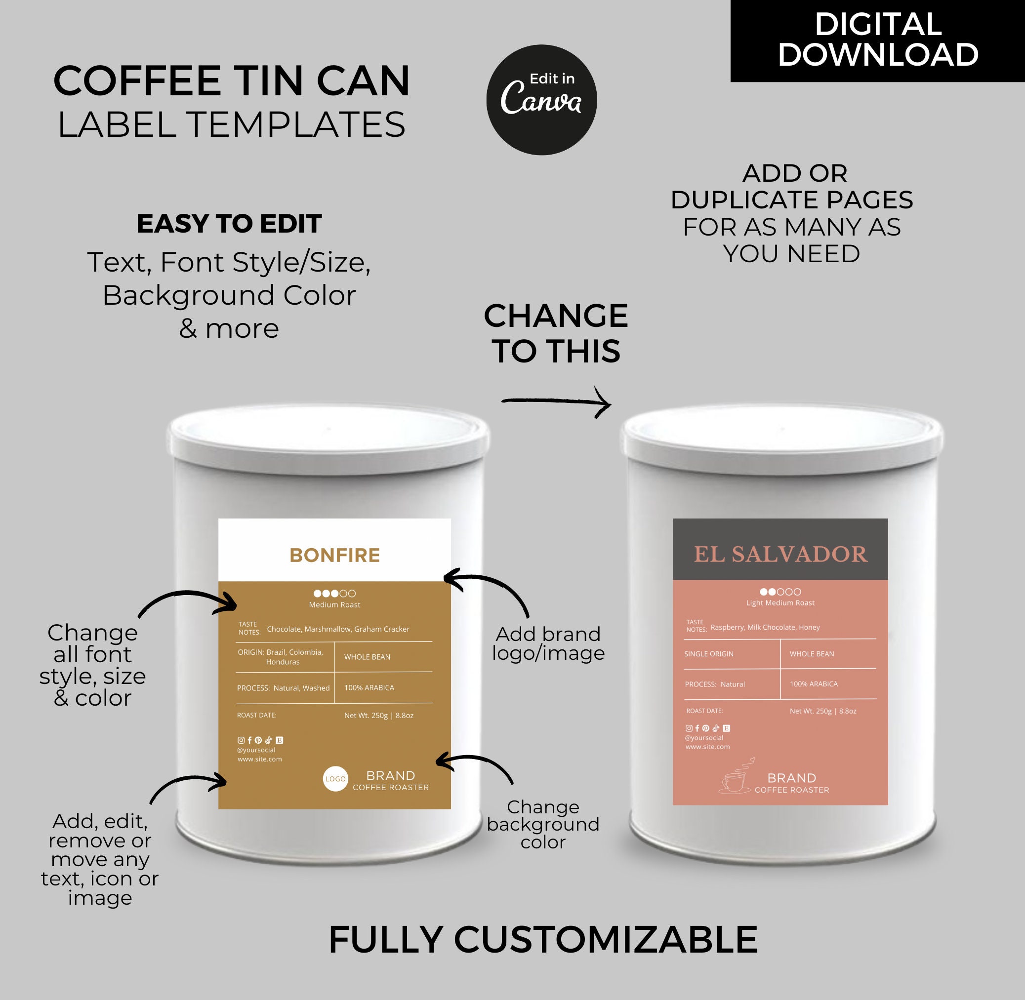 Editable Coffee Tin Can Labels Template Canva, Custom Coffee Labels ...