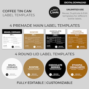Editable Coffee Tin Can Labels Template Canva, Custom Coffee Labels ...