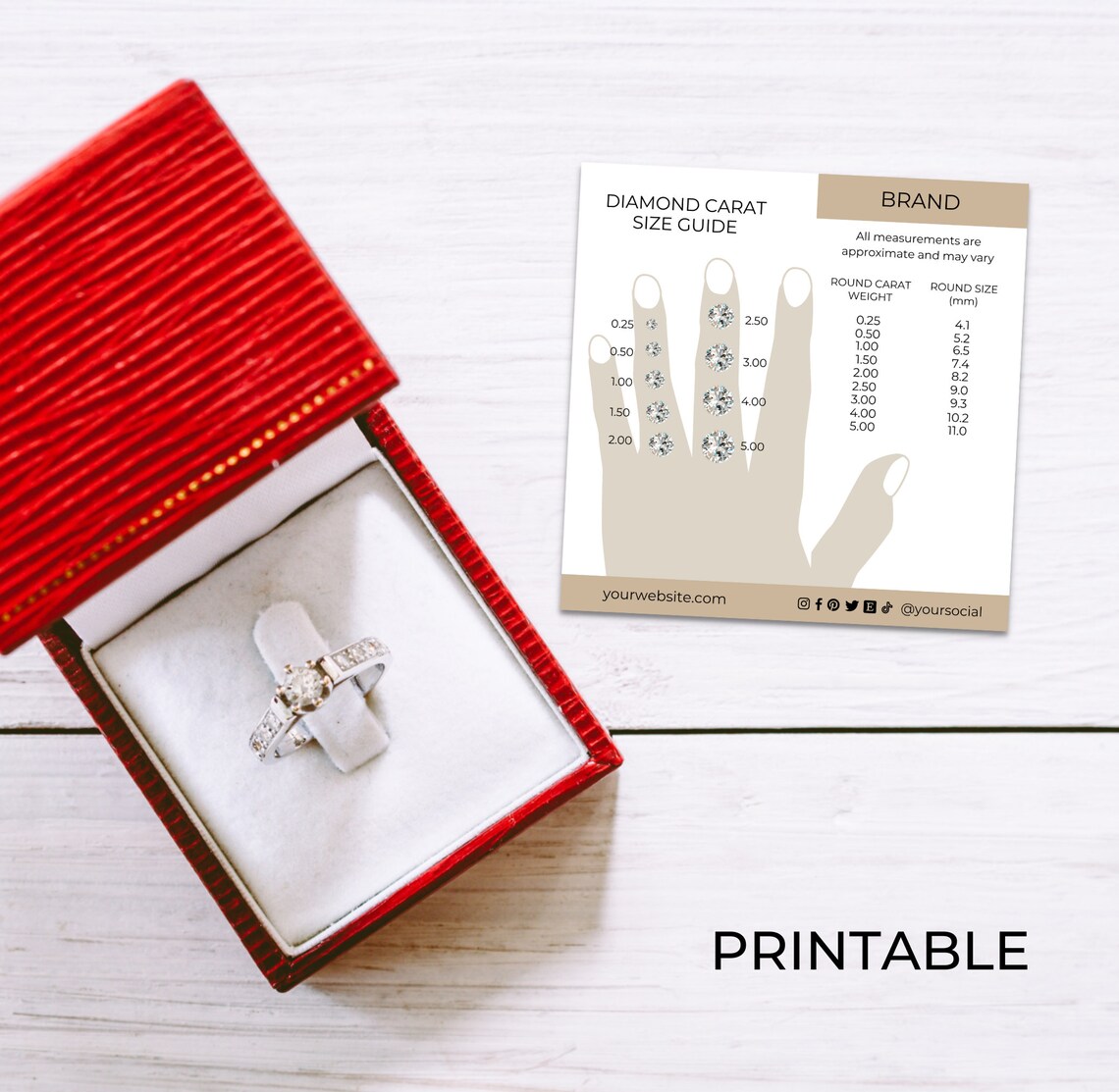 Editable Diamond Carat Size Chart Template Canva, Printable Round Diamond Size Guide Mm, Custom ...