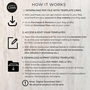 May include: A digital download guide with instructions on how to download, edit, and print templates using Canva. The guide includes a note that the product is a digital download only and no physical product will be sent.
