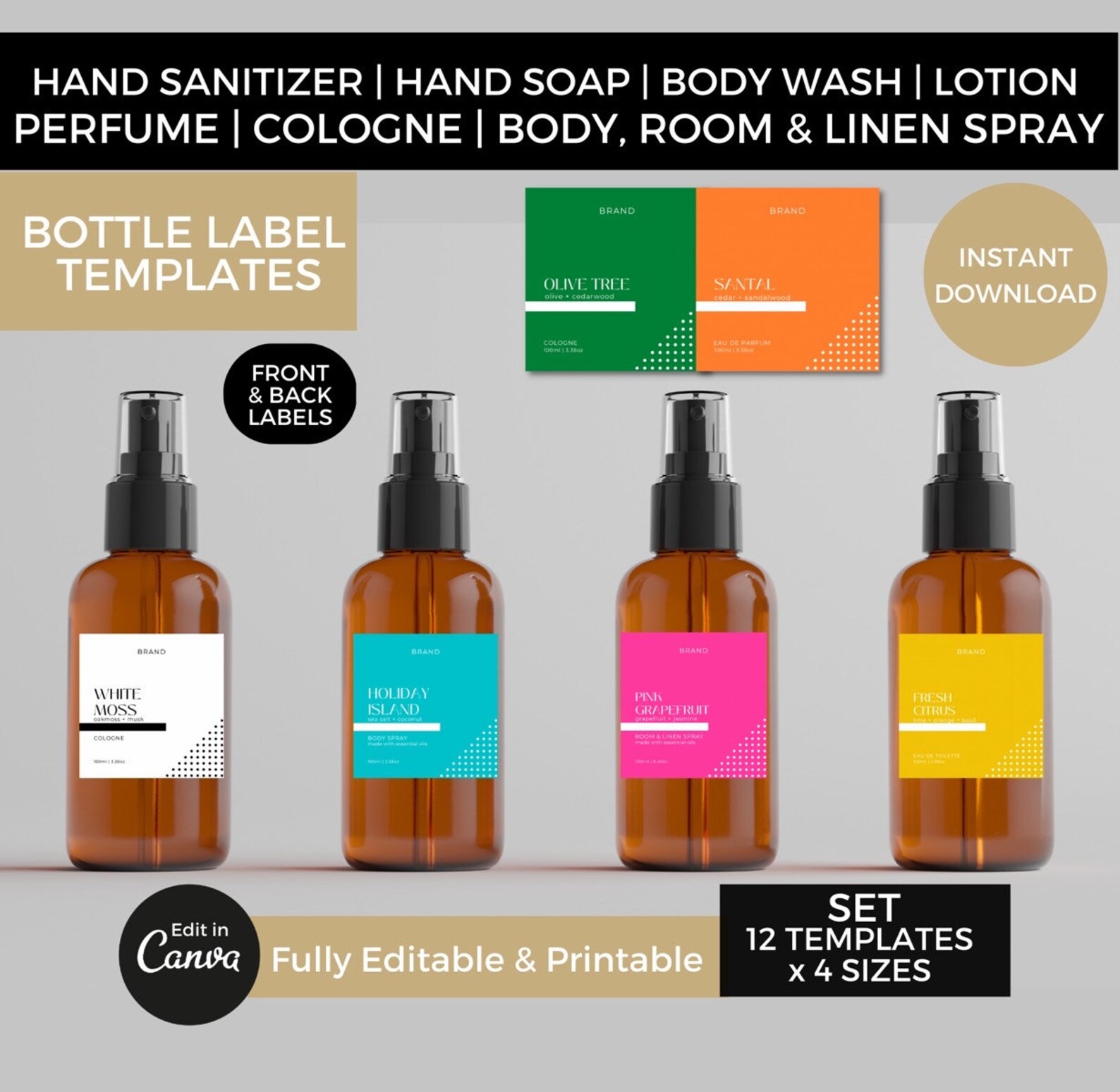 Editable Spray Bottle Labels Template Canva Room Linen Body Spray 