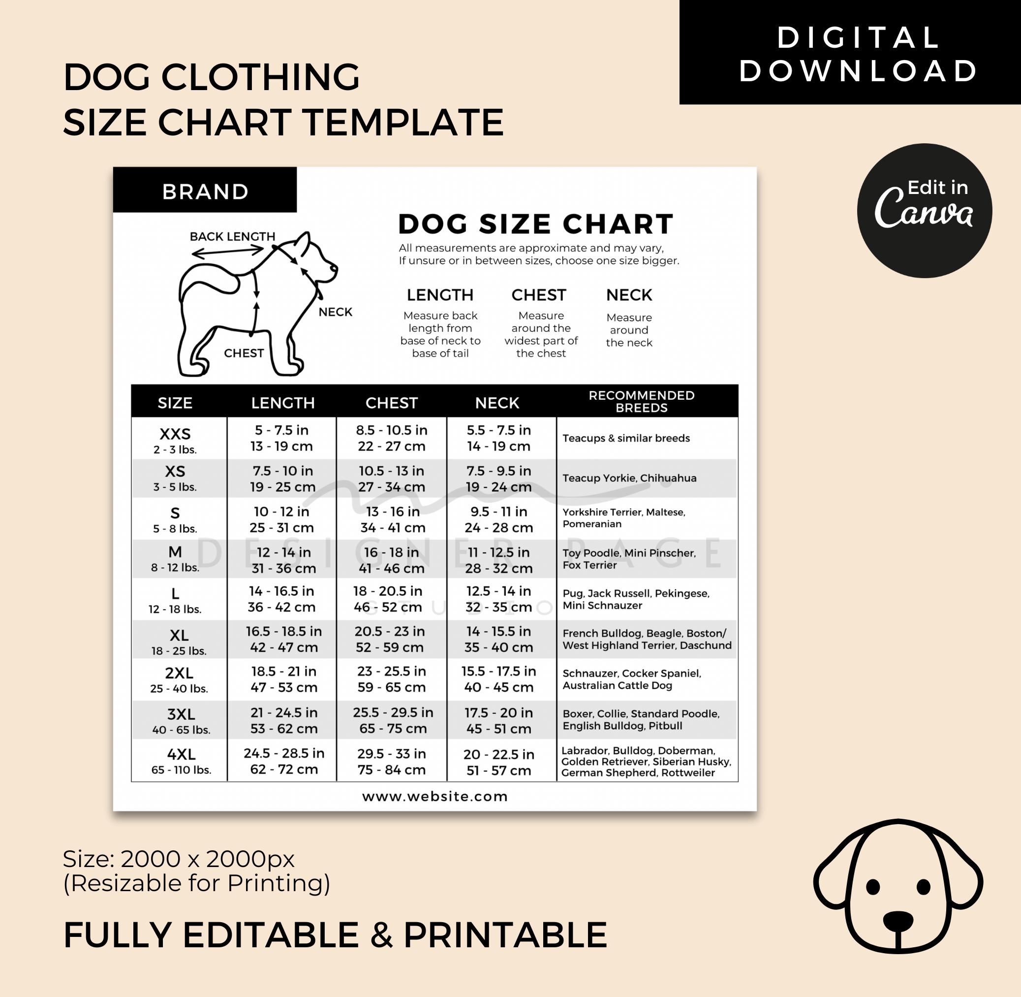 Editable Dog Clothes Size Chart Template Canva, Printable Dog Clothing