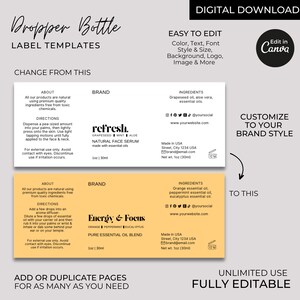 Pode incluir: Dois modelos de etiquetas para frascos conta-gotas. O primeiro r&oacute;tulo &eacute; branco com texto preto e apresenta as palavras "refresh" e "soro facial natural". O segundo r&oacute;tulo &eacute; amarelo com texto preto e apresenta as palavras "Energy & Focus" e "mistura de &oacute;leo essencial puro". Ambos os r&oacute;tulos incluem ingredientes, instru&ccedil;&otilde;es e informa&ccedil;&otilde;es de contato.