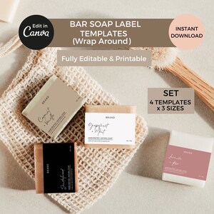 Modello di etichetta per saponetta Canva modificabile, etichette per sapone stampabili, design di etichette avvolgenti, etichette adesive per prodotti da bagno e corpo, etichette per scatole di sapone