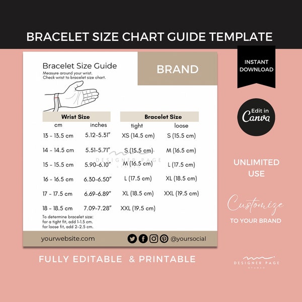 Modèle de tableau des tailles de bracelet modifiable | Carte imprimable de guide de longueur d'accessoire de bijoux | Modèle Canva personnalisé pour la boutique de médias sociaux d'entreprise