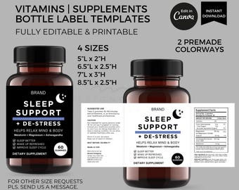 Vitamins Supplements Bottle Labels Template Canva Editable, Printable Melatonin Label Stickers, Sleep Gummies Label, Custom Bottle Packaging
