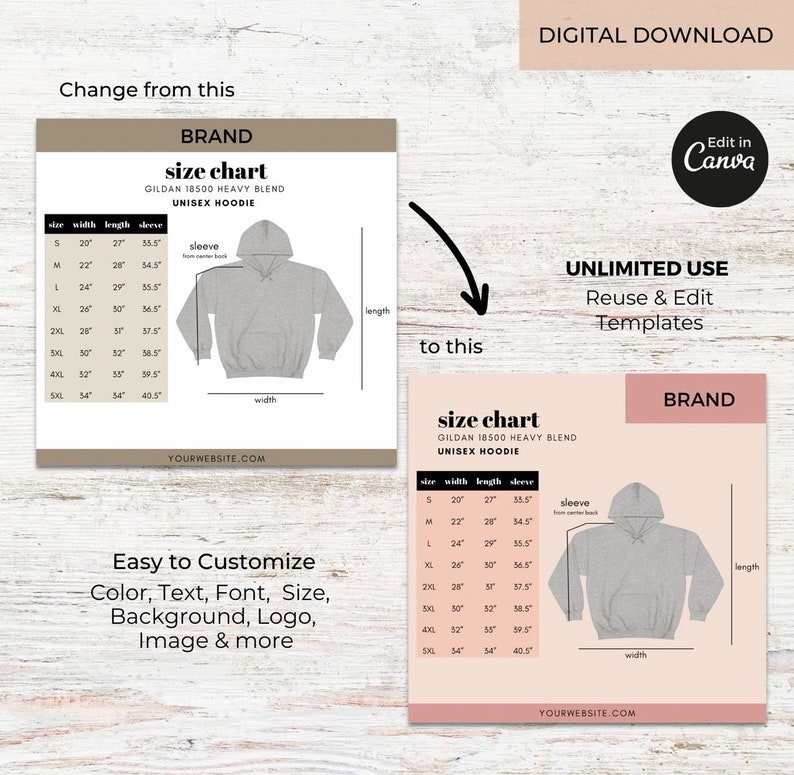 Editable Sweatshirt Hoodie Size Chart Template Canva, Unisex Hoodie