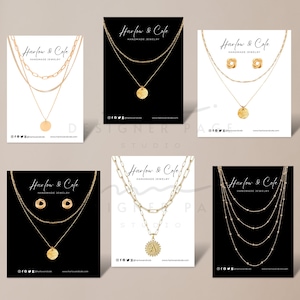 Peut inclure: Six maquettes diff&eacute;rentes de cartes de bijoux mettant en sc&egrave;ne des colliers en or avec diff&eacute;rents pendentifs et styles de cha&icirc;nes. Les cartes sont en noir et blanc avec le texte "Harlow & Cole Handmade Jewelry" et des poign&eacute;es de m&eacute;dias sociaux.