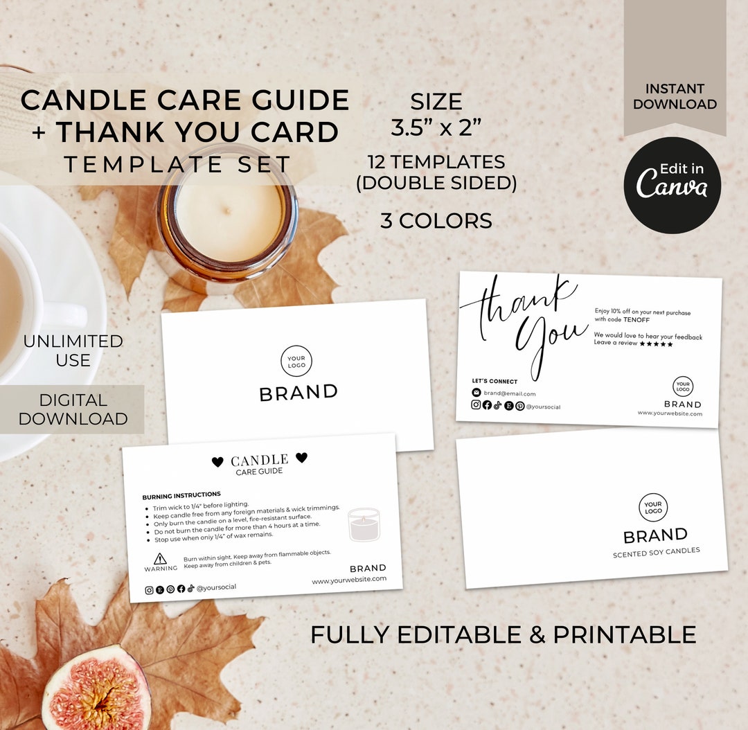 Editable Candle Care Cards Template Canva, Printable Thank You Card Set