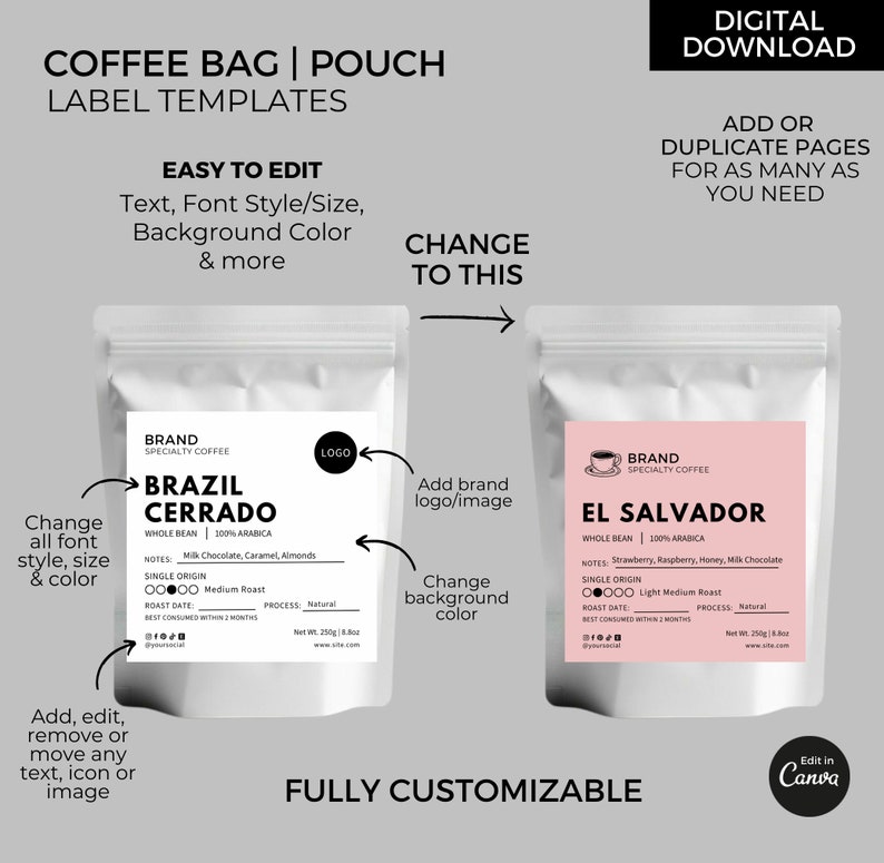 Editable coffee bag labels template canva coffee beans pouch label