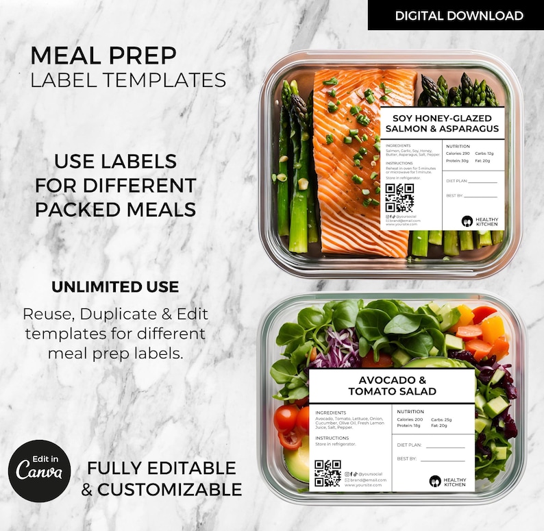 Editable Meal Prep Labels Template Canva, Packed Meal Label Sticker ...