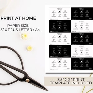 May include: Printable 8.5 x 11 inch template for jewellery care cards. The template includes eight cards with black and white designs, each with the text "Jewellery Care Guide".