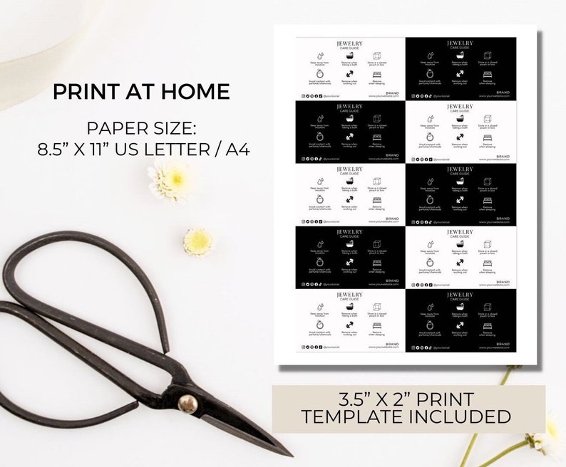 May include: Printable 8.5 x 11 inch template for jewellery care cards. The template includes eight cards with black and white designs, each with the text "Jewellery Care Guide".