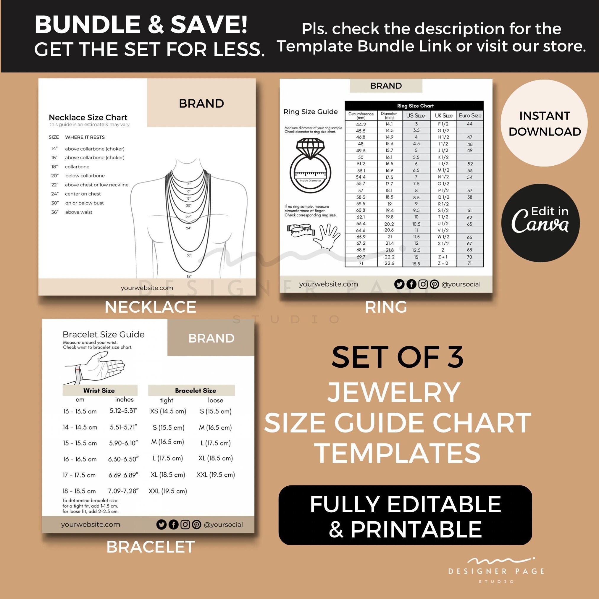 Editable Bangle Size Chart Template Canva Printable Bracelet - Etsy ...