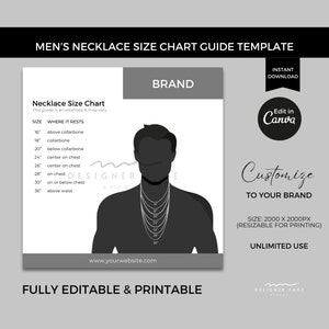 Bewerkbare sjabloon maattabel herenketting canvas, afdrukbare sjabloonkaart maattabel ketting, voor sieraden Business Online Store