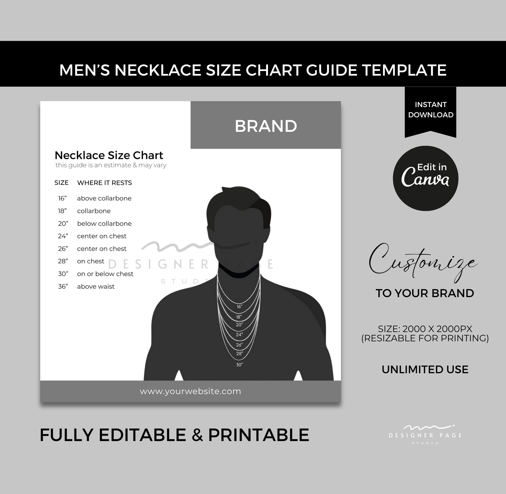 Editable Men’s Necklace Size Chart Template Canva, Printable Custom