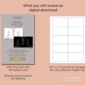 May include: A digital download for a Canva template of a jewellery care card. The template is 3.5 inches by 2 inches and is designed to be printed on US Letter or A4 paper. The download includes a PDF file with a link to the Canva template.