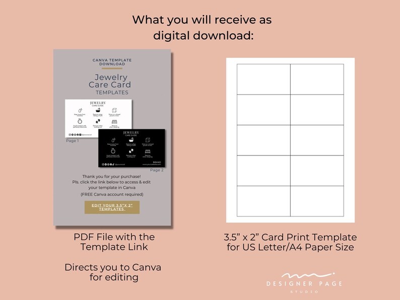 May include: A digital download for a Canva template of a jewellery care card. The template is 3.5 inches by 2 inches and is designed to be printed on US Letter or A4 paper. The download includes a PDF file with a link to the Canva template.