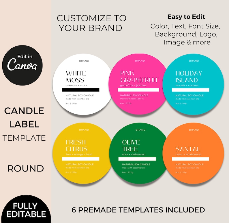 Candle Tin Labels Canva Template, Round Candle Label Template Editable