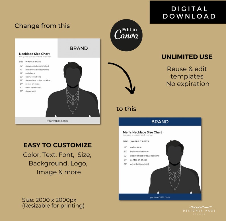Editable Mens Necklace Size Chart Template Printable Necklace Size