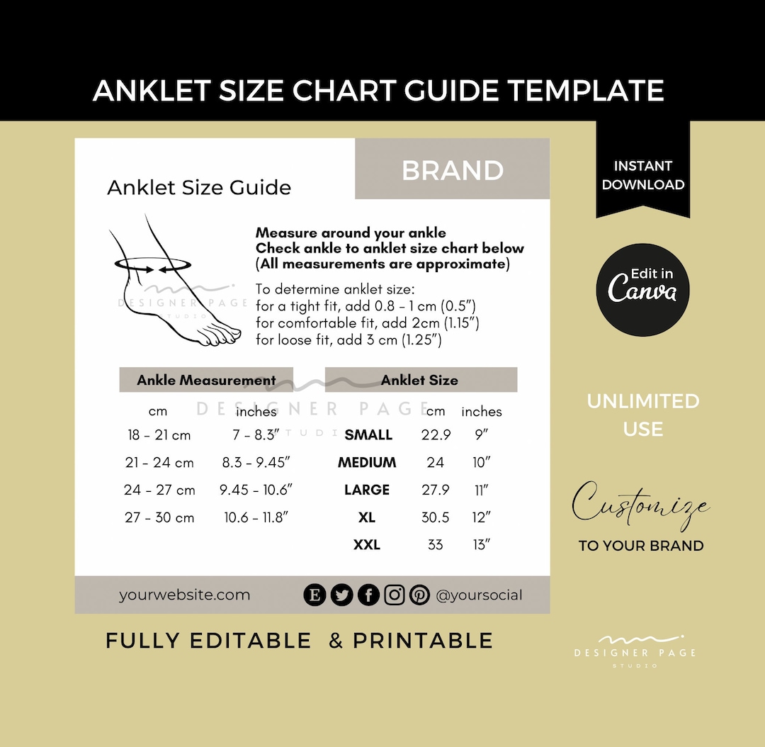 Editable Anklet Size Chart Template Canva, Printable Ankle Bracelet