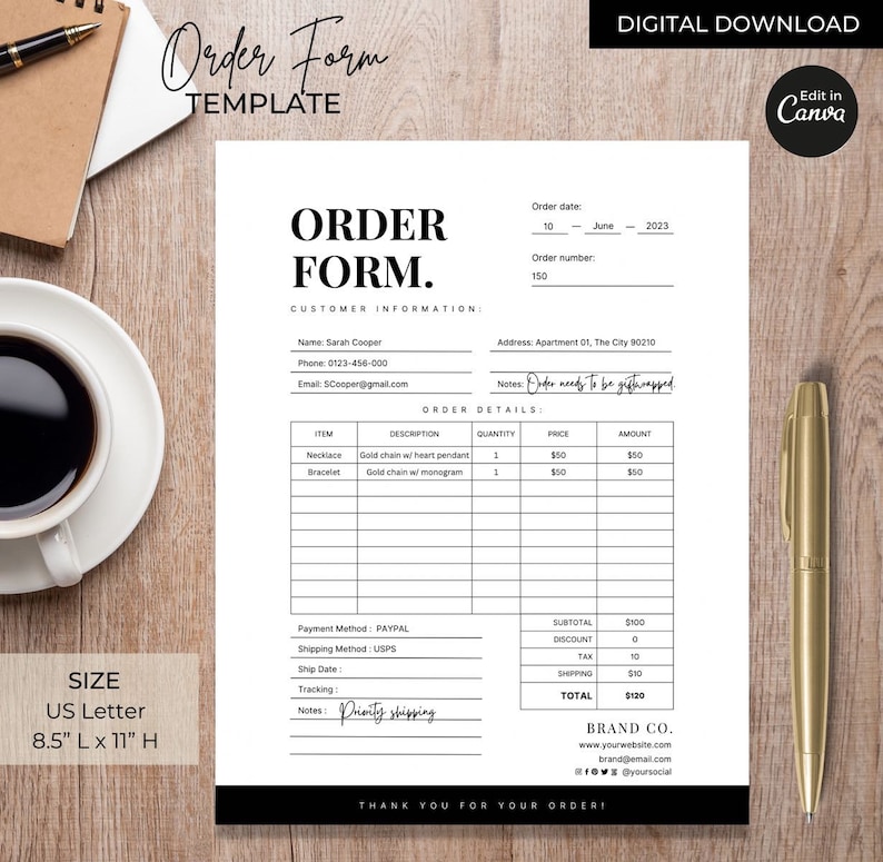 Printable Order Form Template Canva, Editable Purchase Order Forms, Customer Sales Invoice ...
