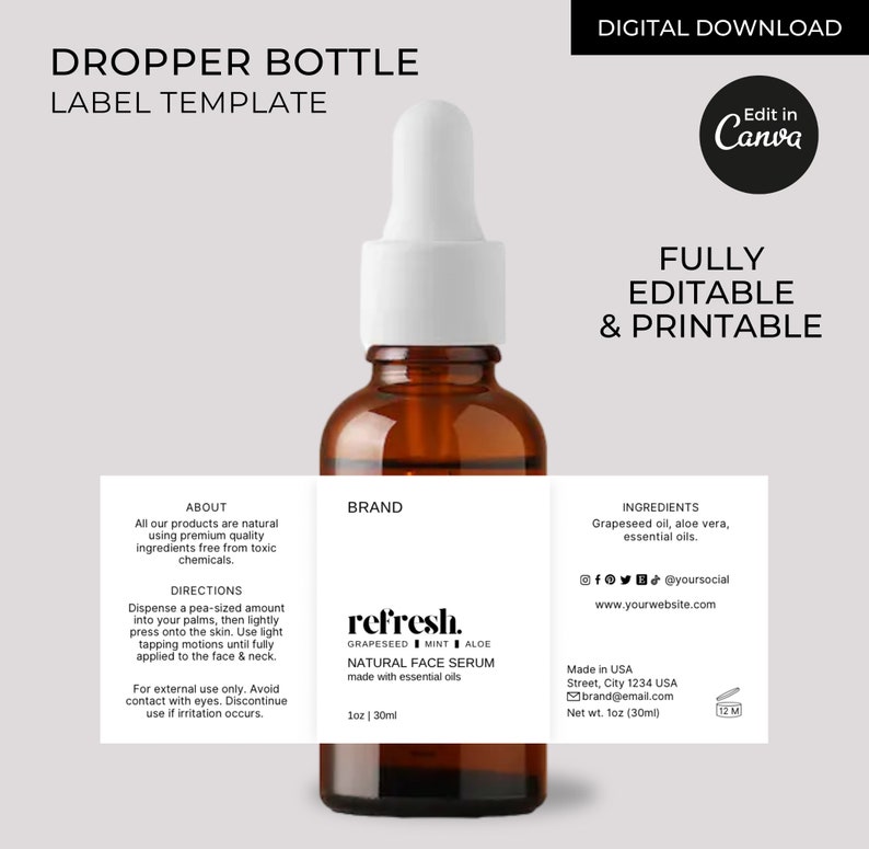 Pode incluir: Um frasco de vidro marrom com conta-gotas e um r&oacute;tulo branco. O r&oacute;tulo tem o texto "refresh." em uma fonte preta sem serifa. O r&oacute;tulo tamb&eacute;m inclui o texto "GRAPESEED MINT ALOE NATURAL FACE SERUM made with essential oils 1oz | 30ml".