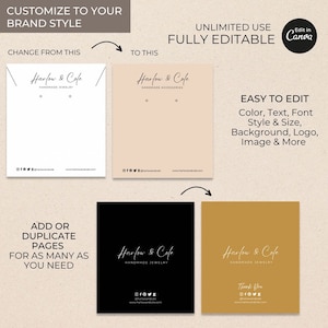 Peut inclure: Un mod&egrave;le personnalisable pour l'emballage de bijoux. Le mod&egrave;le pr&eacute;sente un fond noir avec le texte "Harlow & Cofe" en blanc, ainsi que les mots "Bijoux faits main". Le mod&egrave;le comprend &eacute;galement des ic&ocirc;nes de m&eacute;dias sociaux et une adresse de site Web.