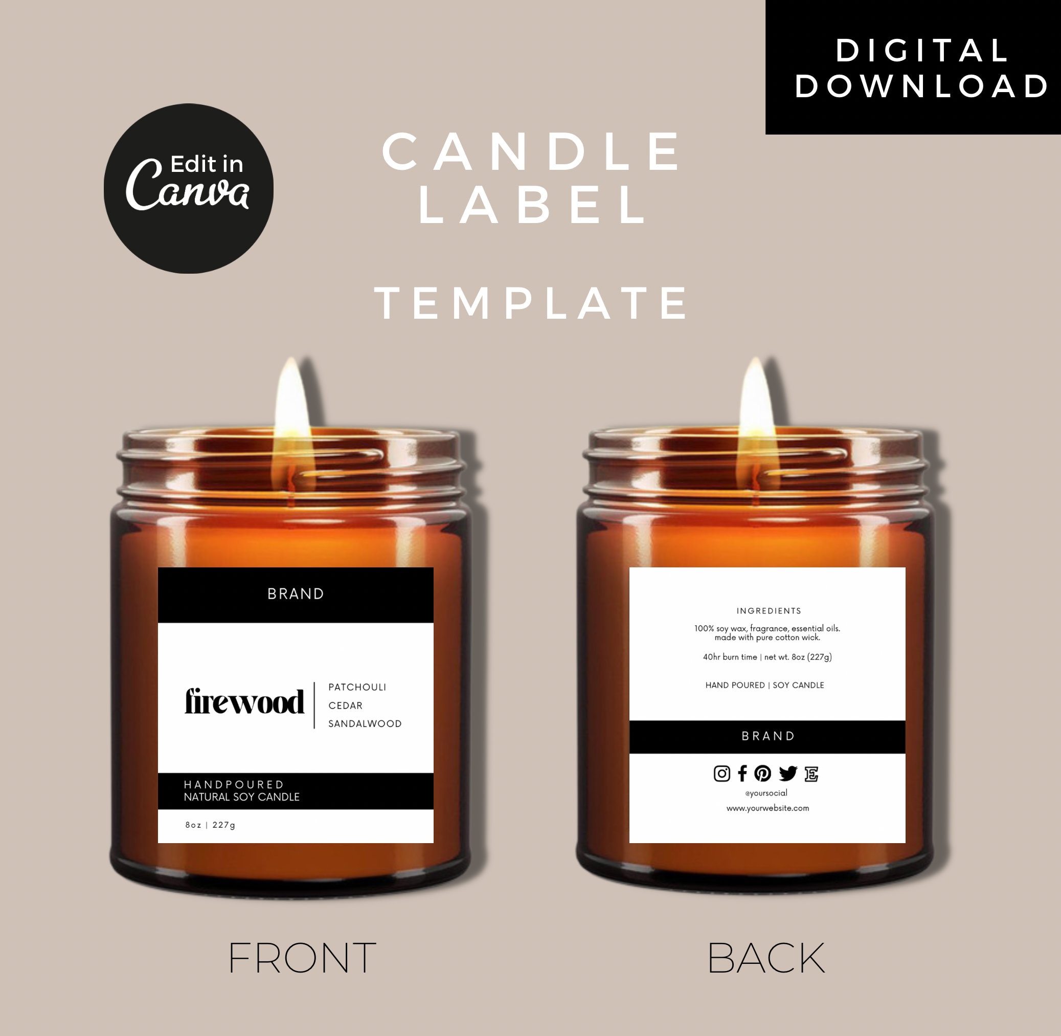 Modern Candle Label Template Canva, Candle Labels Printable, Editable Candle Jar Label Stickers ...