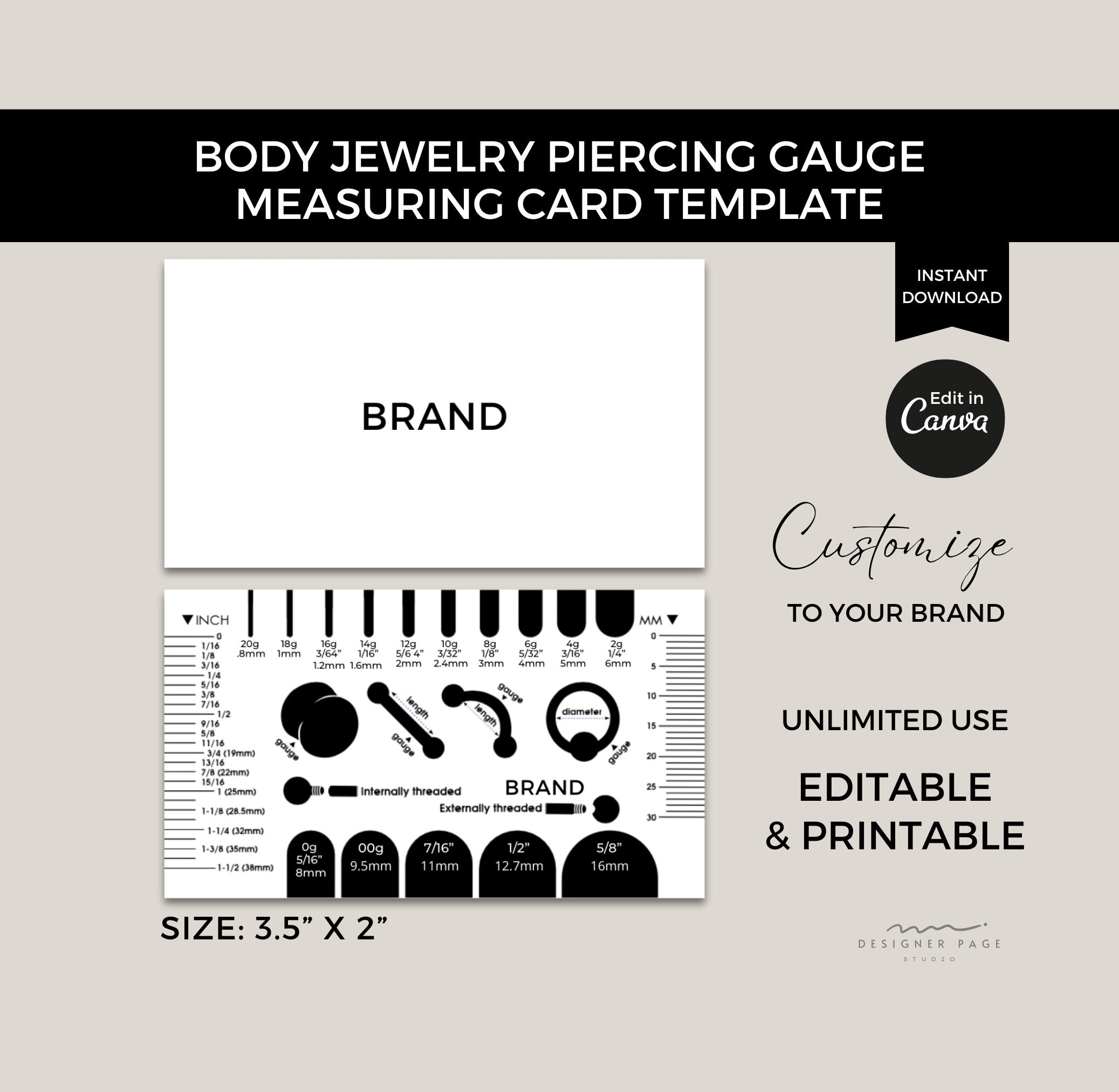 Editable Body Jewelry Piercing Gauge Measurement Card Template Canva Printable Piercing Gauge Size Guide Piercing Length Measuring Card Etsy