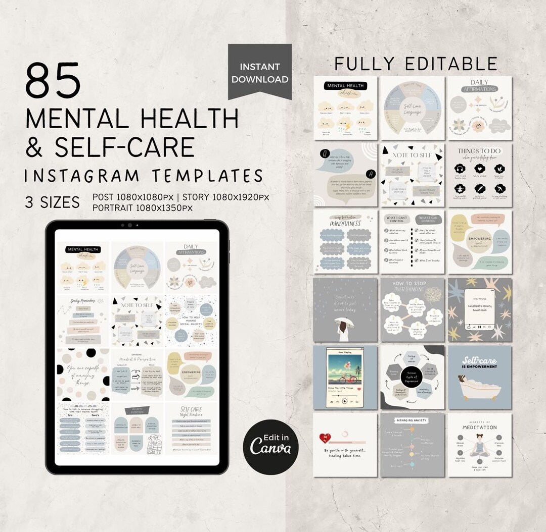 Editable Mental Health Instagram Templates Canva, Self Care Social ...