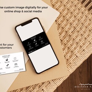 May include: A white card with black text and icons that reads "Jewelry Care Guide". The card includes instructions on how to care for jewellery, such as removing jewellery before showering, sleeping, and exercising. The card also includes social media icons and the text "BRAND yourbrandstudio.com".