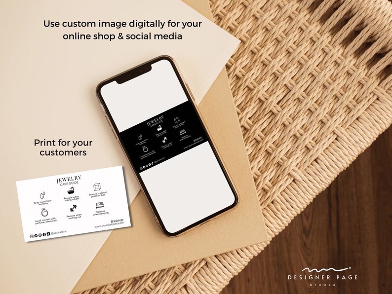 May include: A white card with black text and icons that reads "Jewelry Care Guide". The card includes instructions on how to care for jewellery, such as removing jewellery before showering, sleeping, and exercising. The card also includes social media icons and the text "BRAND yourbrandstudio.com".