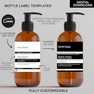 May include: Two amber glass bottles with pump dispensers and labels. The labels are white with black text and are customizable. The left bottle label says "Hand Wash" and the right bottle label says "Hand Soap". Both labels have the text "Natural Liquid Hand Soap" and "Savon Liquide Naturel pour les Mains".