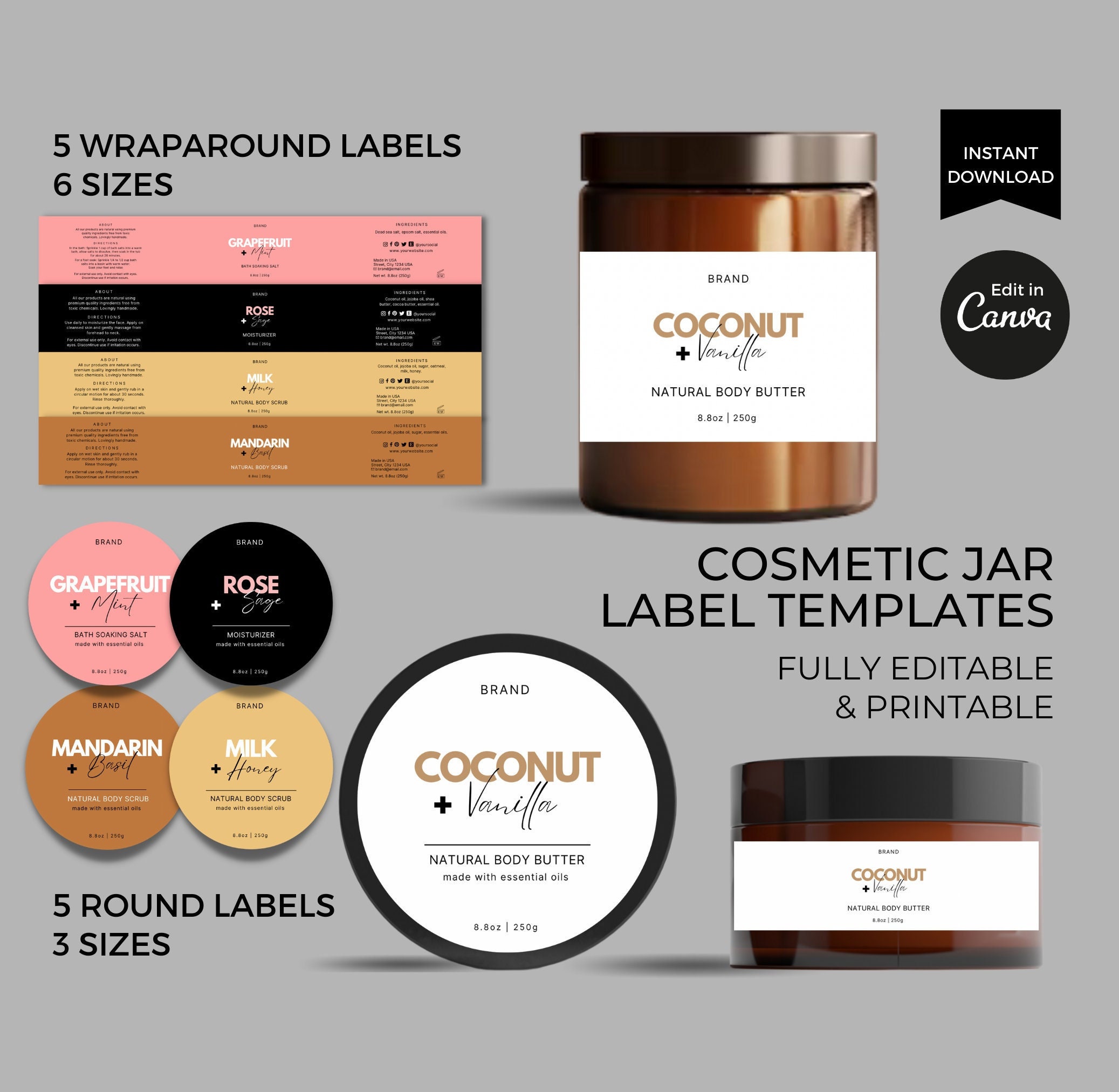 Editable Cosmetic Jar Label Template Canva, Printable Product Label