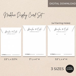 Peut inclure: Trois mod&egrave;les de cartes blanches pour l'affichage de colliers. Les cartes mesurent 2,5 pouces par 3,5 pouces, 3 pouces par 4 pouces et 3,5 pouces par 4 pouces. Chaque carte comporte une ligne noire en haut et le texte "Harlow & Cole Handmade Jewelry" en &eacute;criture noire. La plus grande carte comporte deux petits trous pour les boucles d'oreilles.